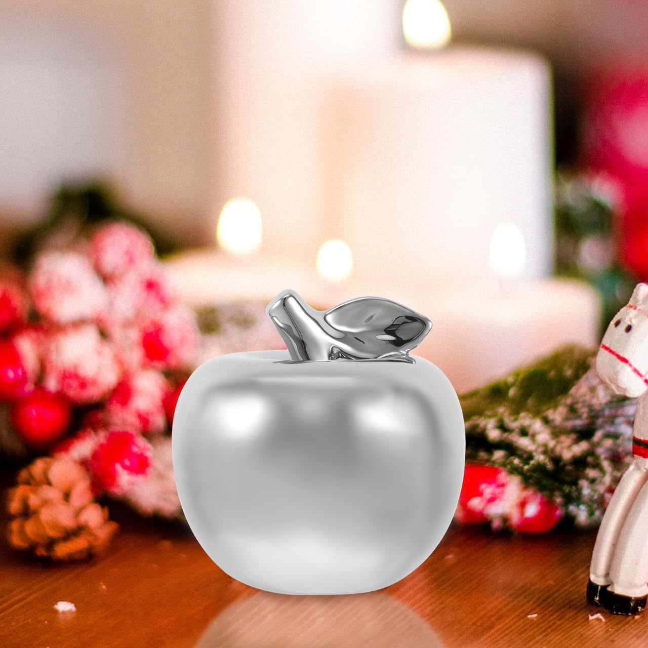 BESPORTBLE Ceramic Apple Ornament Apple Figurine Porcelain Fruit Statue Figurine for Christmas Bookshelf Office Home Decor (Sliver)