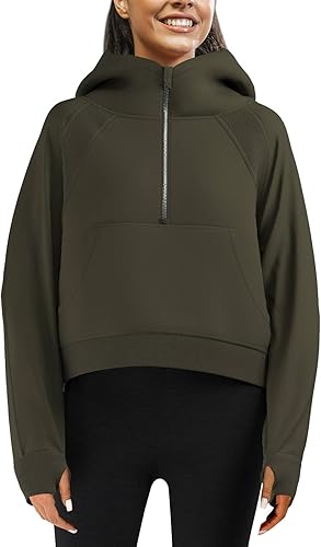 RIVSAK Sudadera con capucha para mujer de gran tamaño forro polar interior media cremallera color limón manga larga bolsillo y agujero para el pulgar