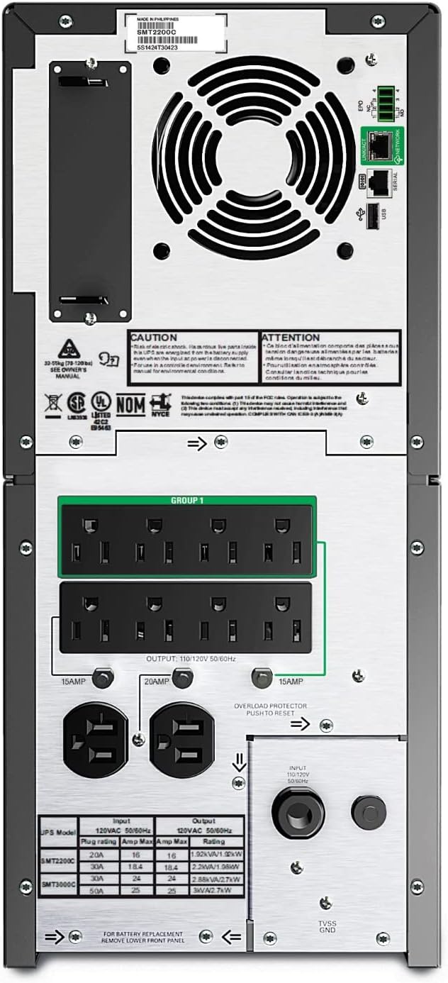 Bag view of the APC Smart-UPS SMT2200C showing power outlets and network port