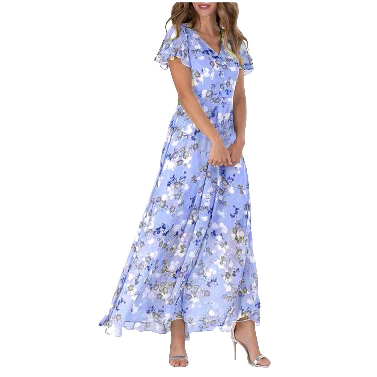 Primavera 2026 Abiti a maniche corte alla moda per le donne Estate Scollo a V Lusinghiero Abito estivo con volant Vacanza Casual Date Night Chiffon Spiaggia Cocktail Floreale Madre della Sposa Carino