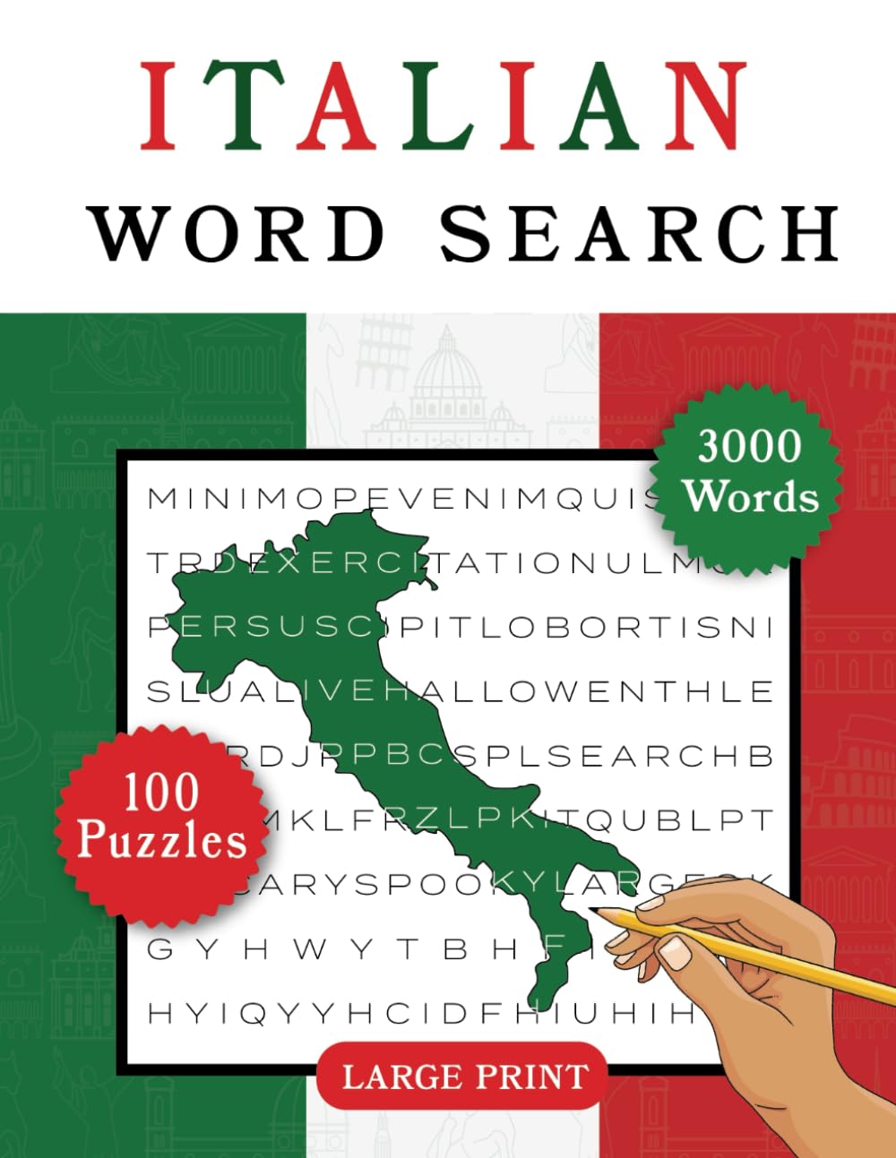Italian Word Search: 100 Challenging Vocabulary Puzzles for Adults