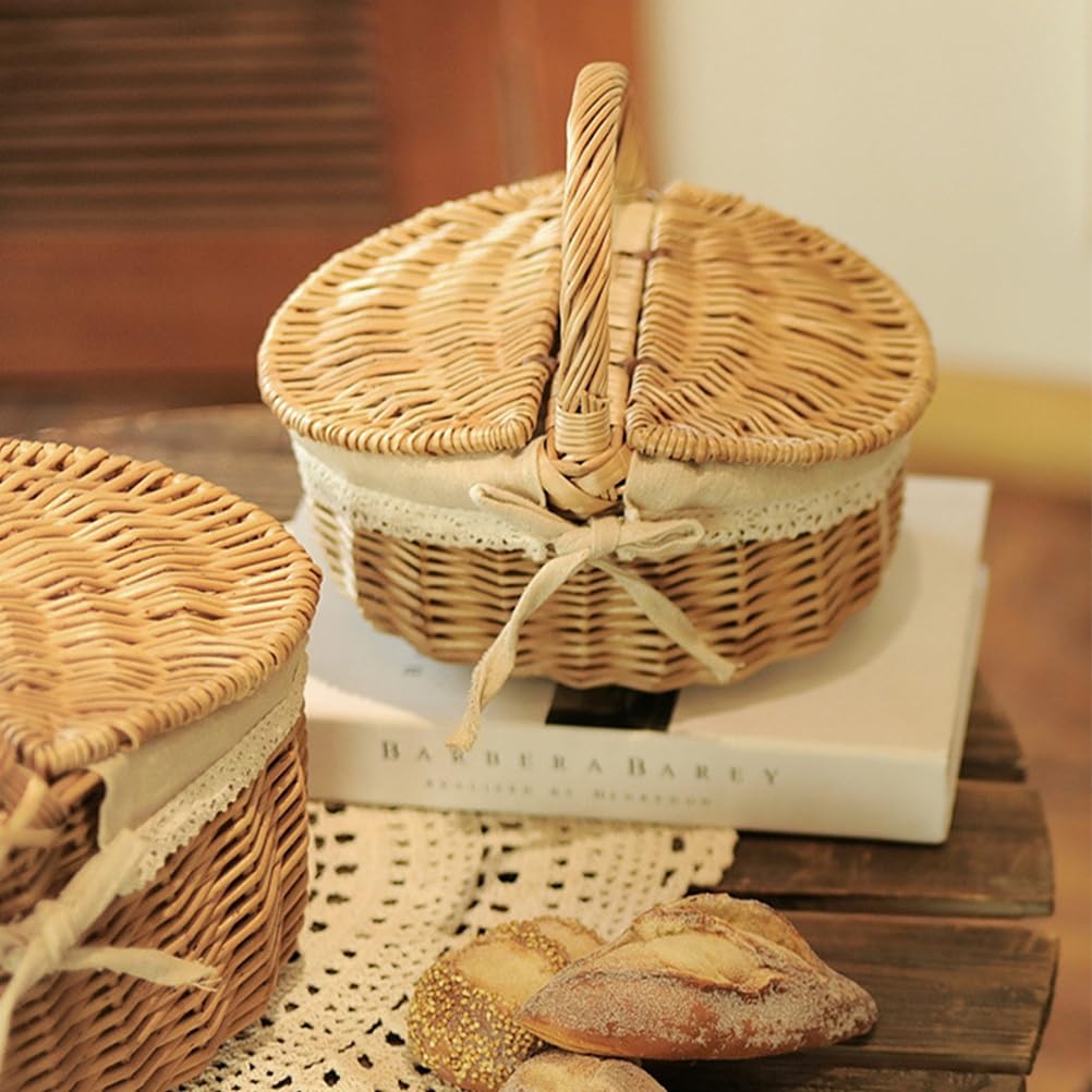 Garneck Picknickkorb mit Deckel Einkaufskorb Geflochten Pilz Obst Brot Rattan Weiden Mit Henkel Geflochtener Blumen für Outdoor Picknick 35CM