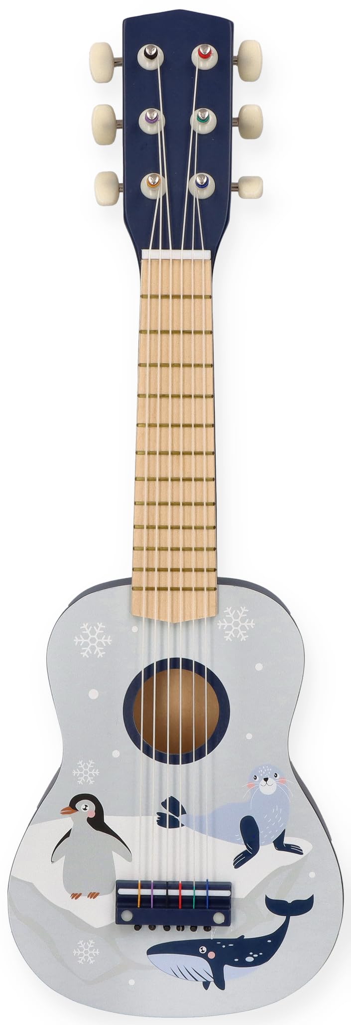 Holzspielzeug-Gitarre für Kinder ab 3 Jahren, 53x17x6 cm, 6-saitig mit Nylonsaiten – verziert mit Waldtieren und Noten – bemaltes Holz – Musikspielzeug für kleine Kinder