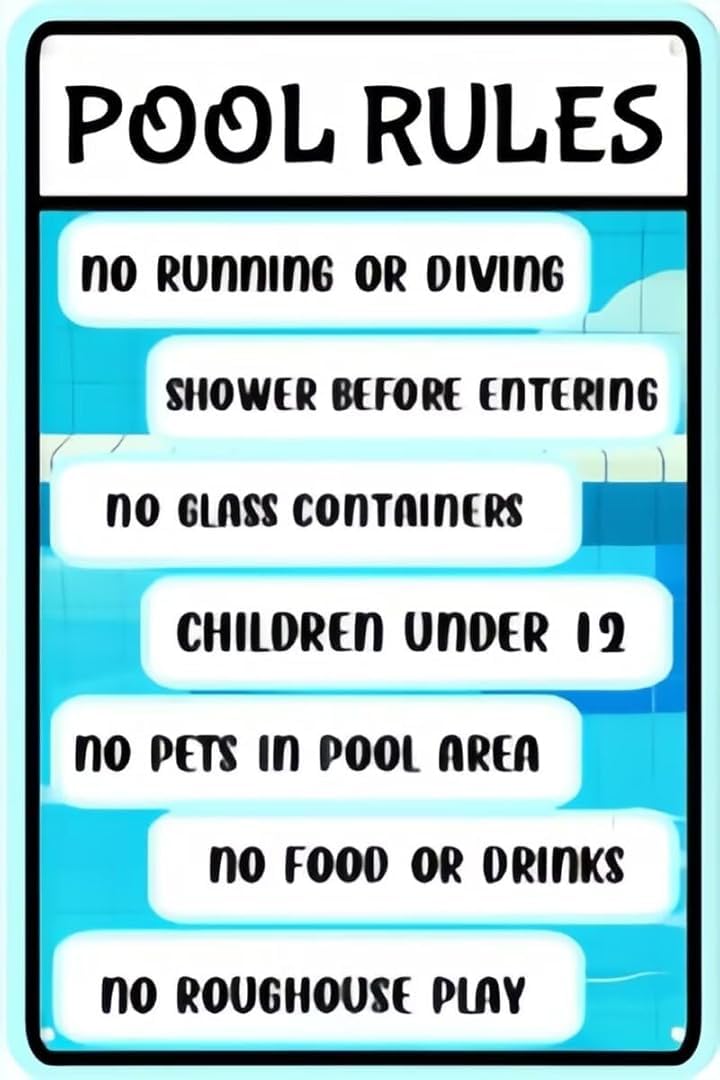 Pool Rules Vintage Tin Signs Wall Art Decor Plaque for Cafe Farm Fishing Garage Garden Yard 8 x 12 Inch