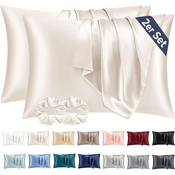 Vielit Satin Pillowcases Set of 2 40 x 60 cm Beige Soft as Silk Easy-Care for Hair and Skin with 2 Scrunchies