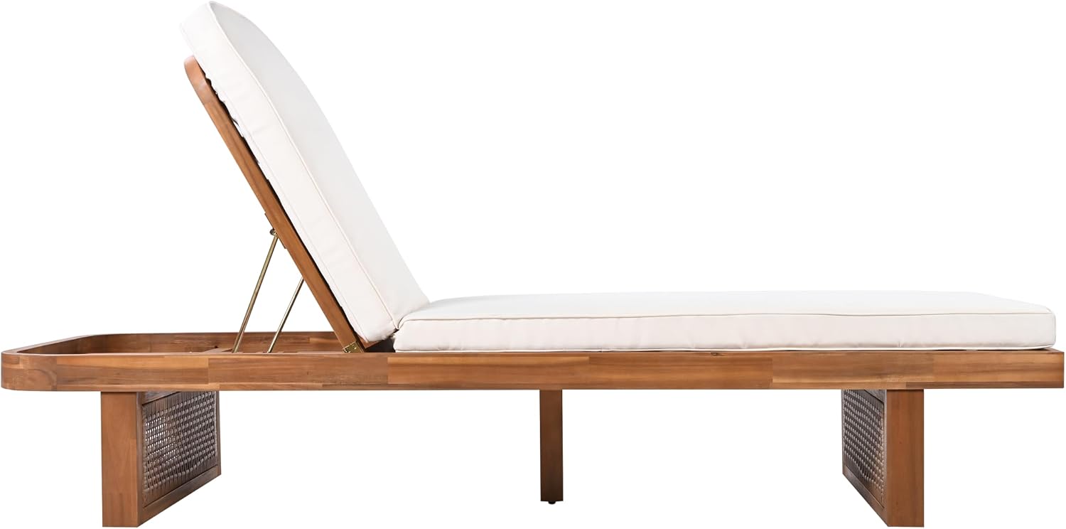 Merax Acacia Wood Chaise Lounge Chair Outdoor, Patio Recliner with Adjustable Backrest and PE Rattan Design, White Cushion