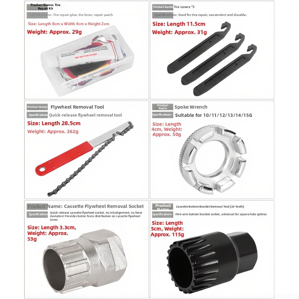Kit di attrezzi per la riparazione di biciclette, set funzionale per regolazioni dei freni dei pneumatici della bicicletta, scatola portaoggetti compatta e portatile, struttura in ferro, grigio