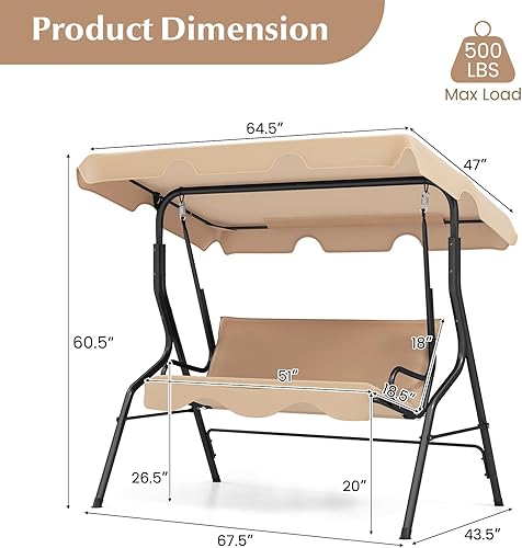 Miniatura 8 de RELAX4LIFE Silla columpio para porche para 3 personas, columpio para exteriores con toldo ajustable, cojín extraíble y soporte de marco de metal,