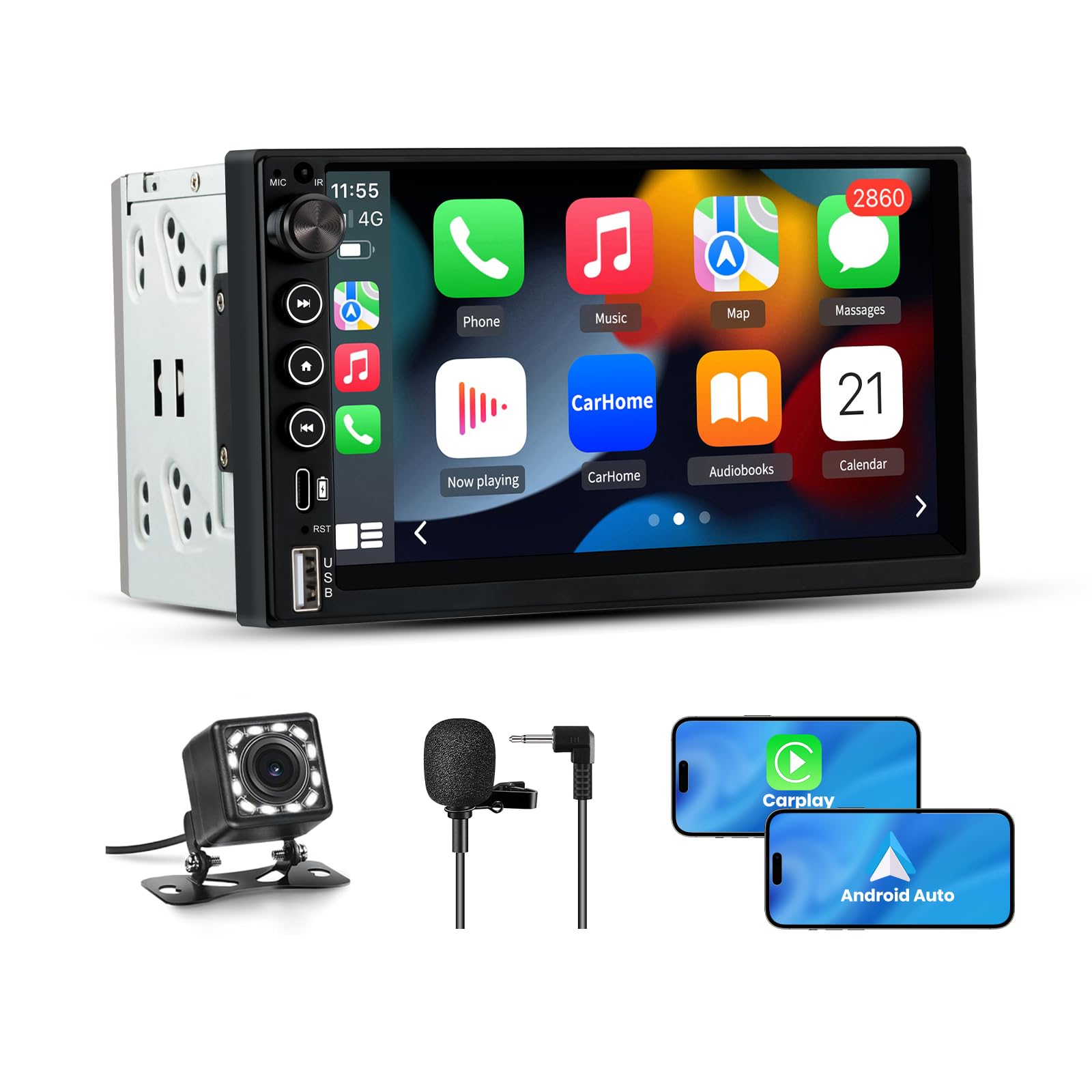 AWESAFE Autoradio 2DIN Bluetooth avec CarPlay & Android Auto, 7 Pouces Écran Tactile HD, Bouton Rotatif, USB/FM/Microphone, Miroir Link, Caméra de Recul Universel Voiture, Commande au Volant