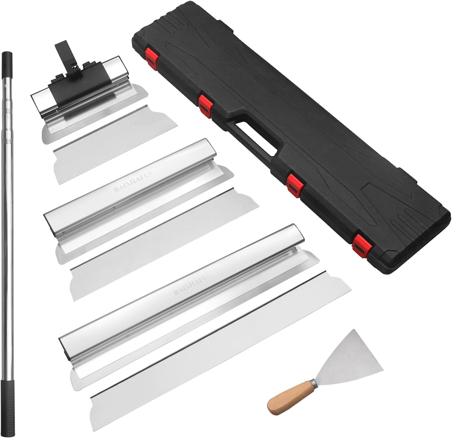 Drywall Skimming Blade Set 12", 22" & 32" Drywall Tools with 35"- 81" Stainless Steel Extended Handle Ergonomic Aluminum Grip Extruded Aluminum blade 0.35mm blade×3+0.5mm replacement blade×3