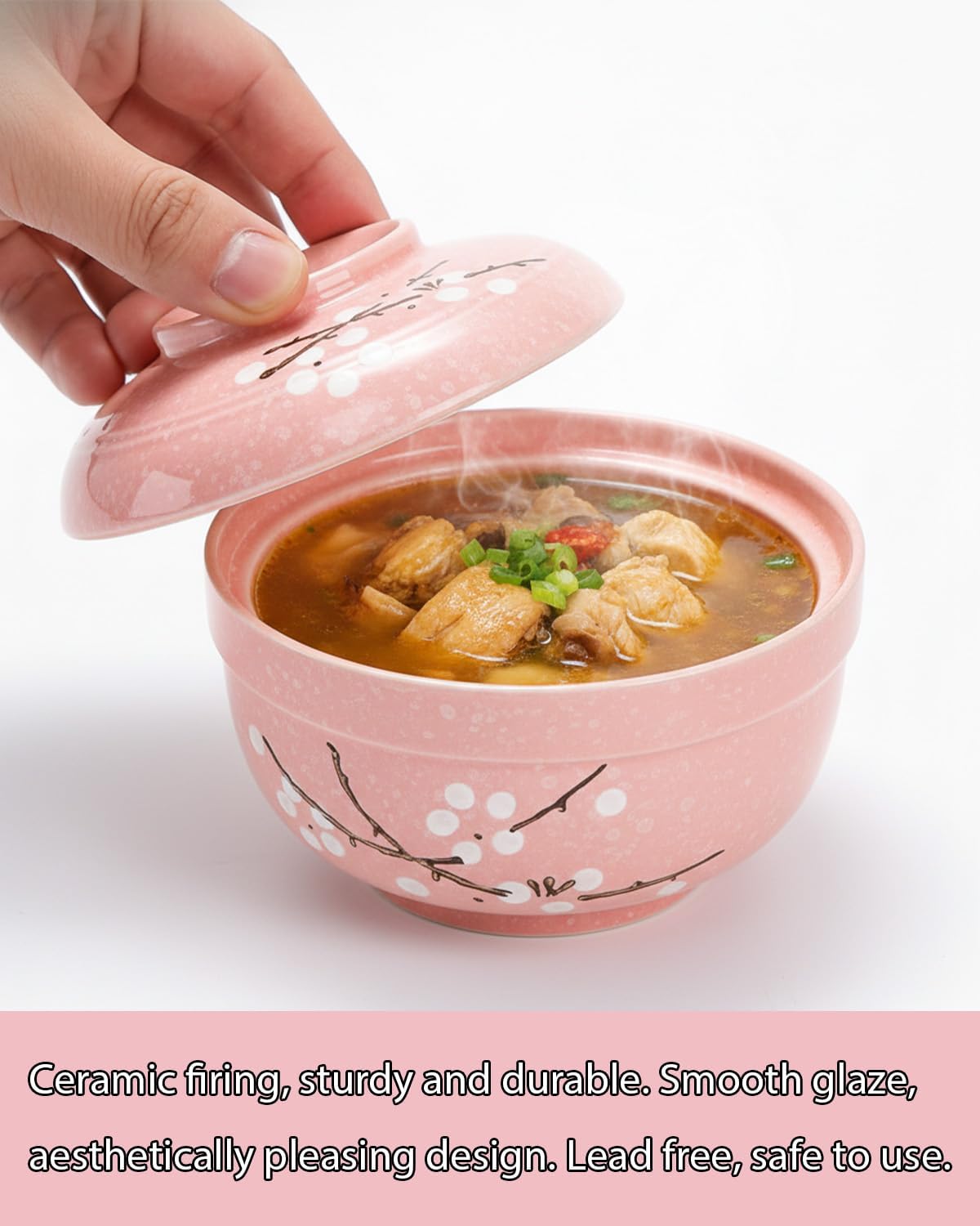Ceramic Ramen Bowl, 2 Pack 27 Oz Ramen Bowl With Lid Japanese Soup Bowls With Lid Korean Soup Bowls For Noodles, Porridge, Rice, Dishwasher Safe (Pink, Griege) image 3