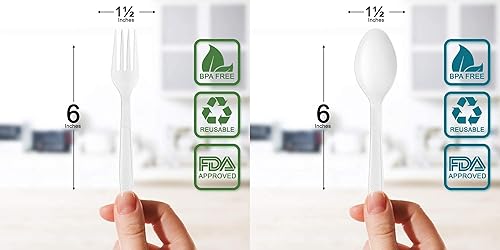 Miniatura 2 de Paquete de 800 Tenedores y cucharas de plástico blanco desechables extra pesados, cubiertos blancos resistentes, fiestas, cenas, servicios de