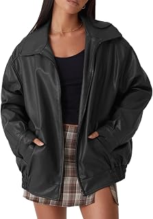 FSVABY Women's Oversized Faux Leather Motorcycle Jacket - Zip-Up Outwear Coat with Pockets, Soft & Stylish