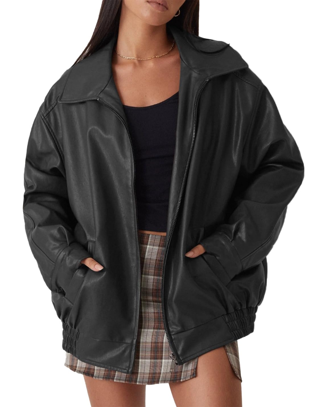 Womens Oversized Faux Leather Motocycle Jacket Zip Up Outwear Coat with Pockets
