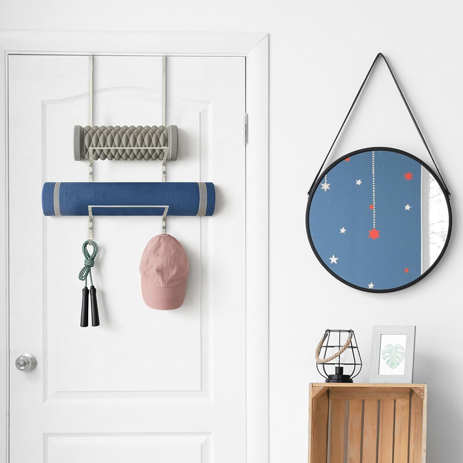 Zonon 3 Tier Over-The-Door Yoga Mat Holder Hanger Iron Yoga Mat Organizer Rack Home Gym Storage with Metal Hooks for Foam Rollers & Home Gym Fitness, Extra Space Saving