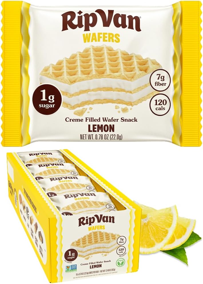 Rip Van Wafels Lemon Cookies, 16 Count, 0.04 oz Sugar, 4g Carbs, Vegan, Keto Friendly, Low Calorie, 0g Trans Fat, 120 Calories, 6g Fiber