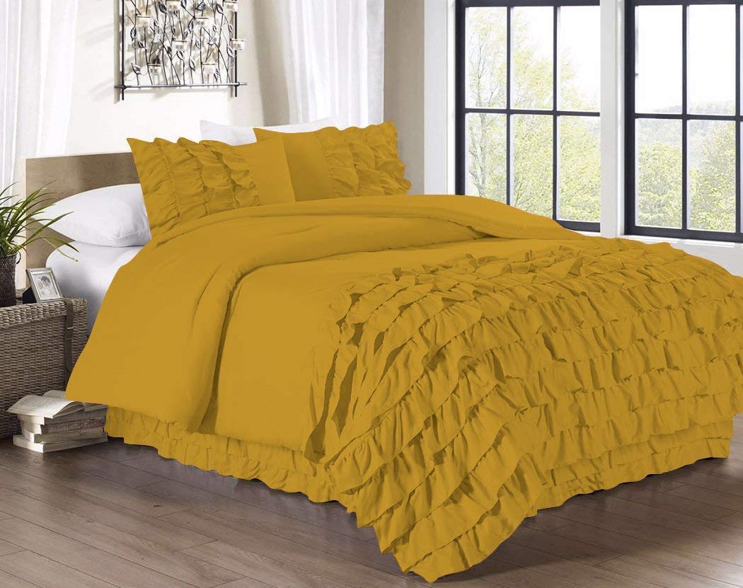 Devshi Bedding- 3 Piece Half Waterfall Ruffle Duvet Cover Set, Full Queen Size- Made of 100% Egyptian Cotton Material with 600 Thread Count Fabric, Solid- Gold