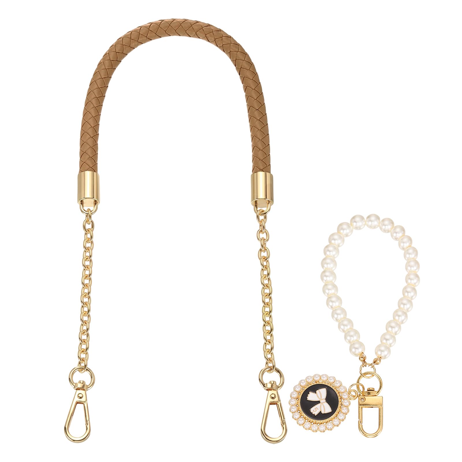 sourcing map PU Leather Chain Purse Strap, 24.4 Inch Braided Purse Handle Replacement with Pearl Pendant for Handbags Underarm Bag Tote (Dark Khaki, Light Gold Buckle)