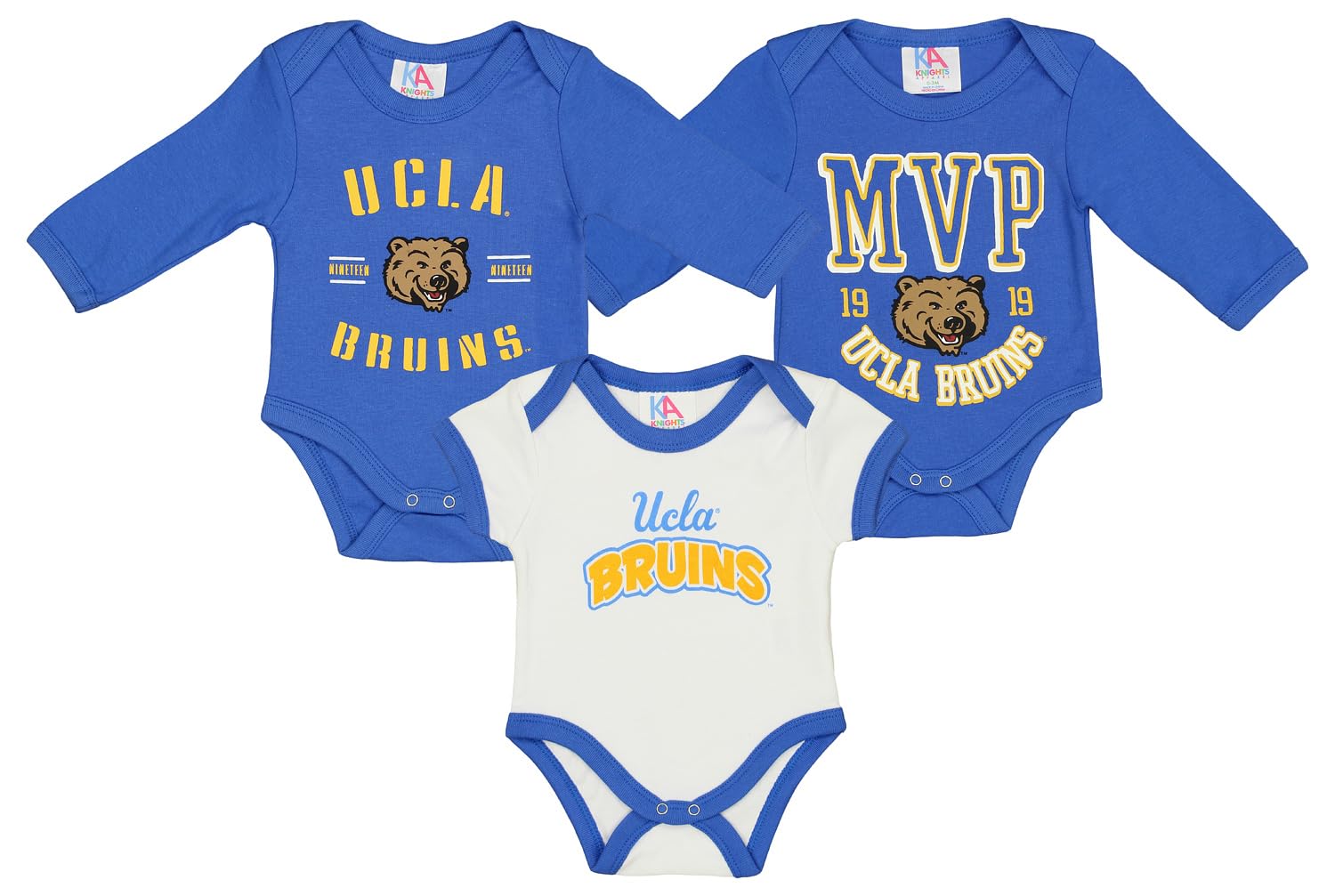 Knights Apparel NCAA UCLA Bruins Newborn and Infant Boys 0-24 Months 3-Pack Creeper Bodysuit Set, 6 Months