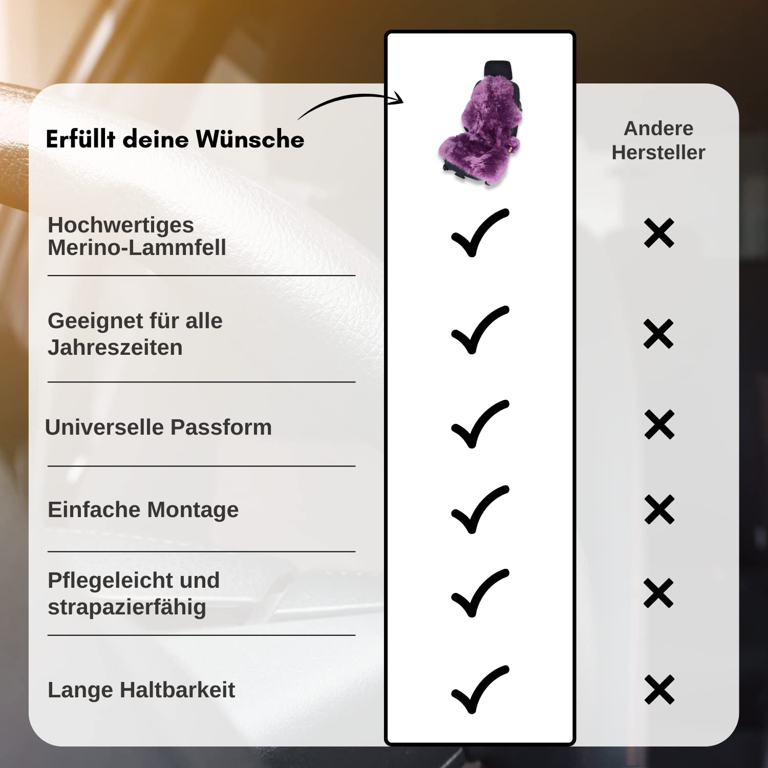 Felle Pokrowiec na fotel samochodowy z futra jagnięcego, naturalny kształt, uniwersalny, do foteli z materiału (fioletowy)