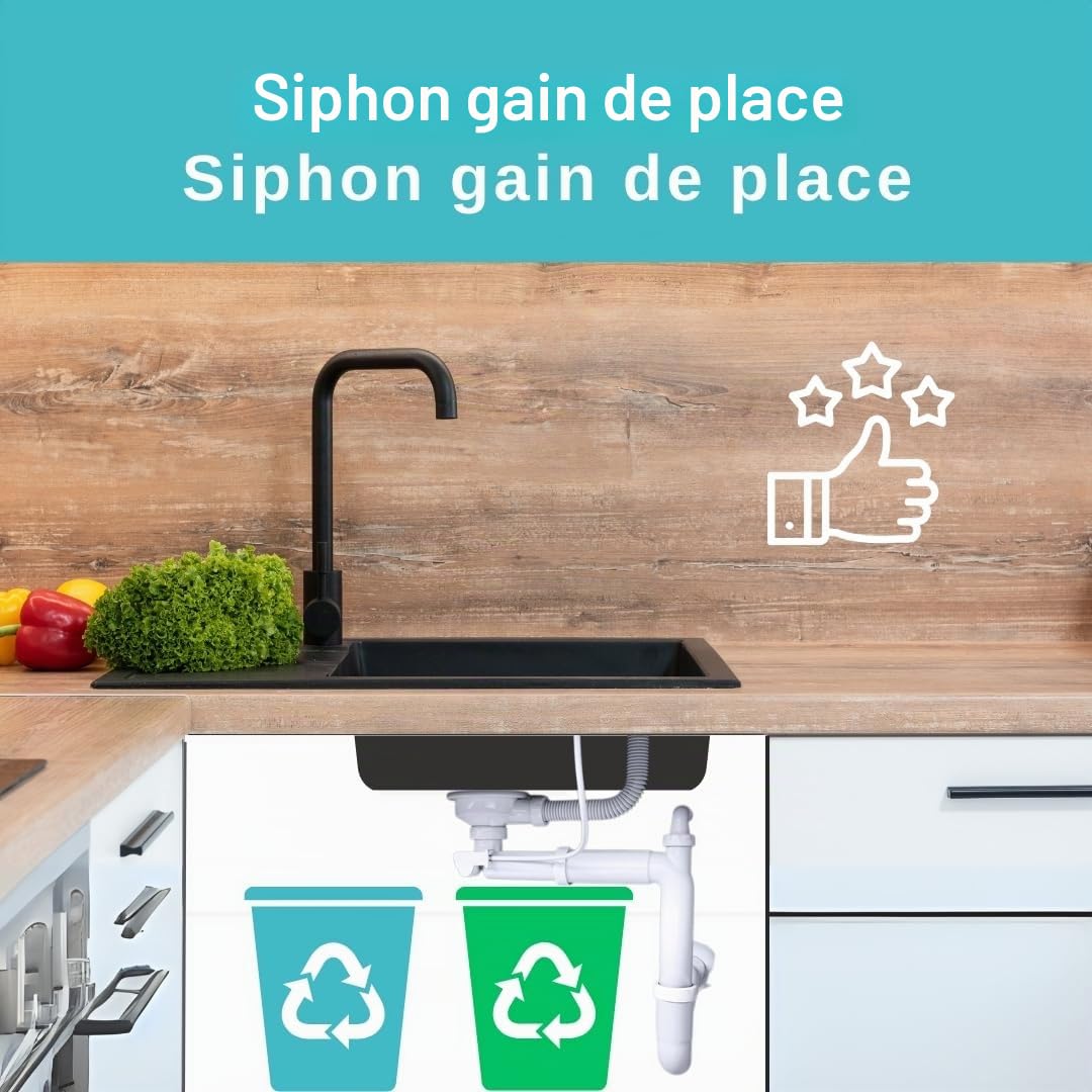 Siphon pour Évier de Cuisine Automatique à 1 Chambre, Siphon peu Encombrant avec Trop-Plein - Bonde pour Évier, Fabriqué en Italie, Connexion en Bas : 1 1/2" - Panier Filtre à Commande