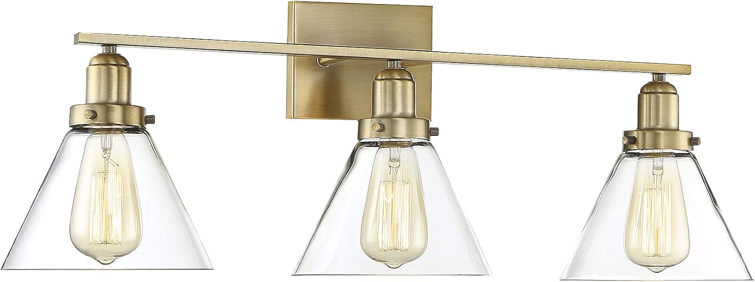 Savoy House 8-9130-3-322 Drake Farmhouse Vintage Industrial Clear Glass Bathroom Vanity Wall Light, 3-Light 180 Total Watts, 10" H x 29" W, Warm Brass