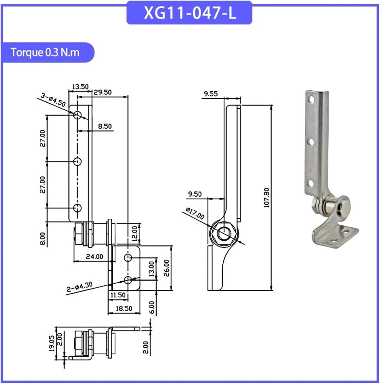 Damping Torque Hinge Made of 304 Stainless Steel Equipped with Adjustable Stop 1Pcs(XG11-047L 0.3N.m)