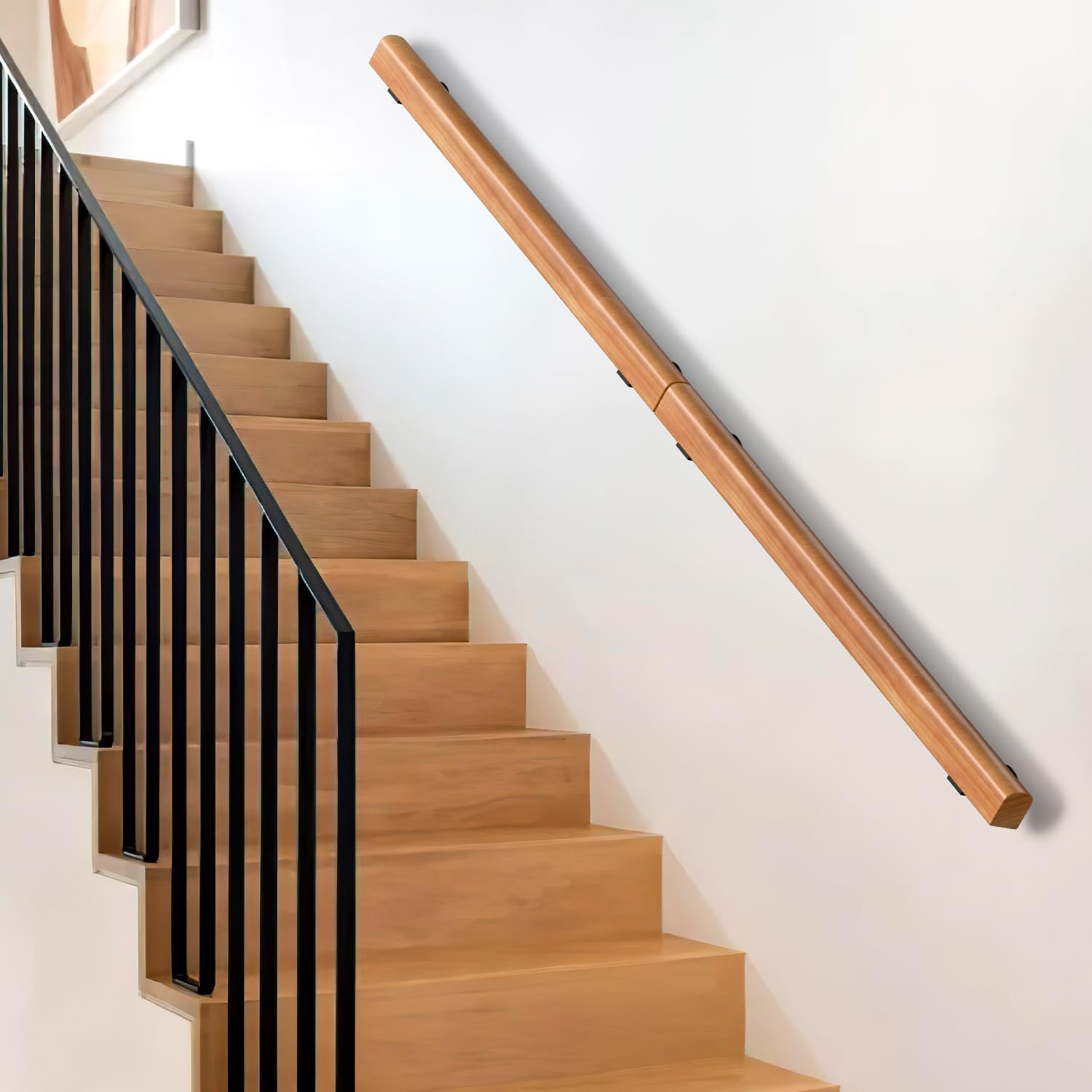 Ikodm Kiefernholz Handlauf Treppengeländer 200cm Geländer für Treppe Treppe Wandhandlauf Wand Treppe seitliche Montage, Inklusive Wandhalterungen, Montagematerial, für Indoor, Halbrunde Wood