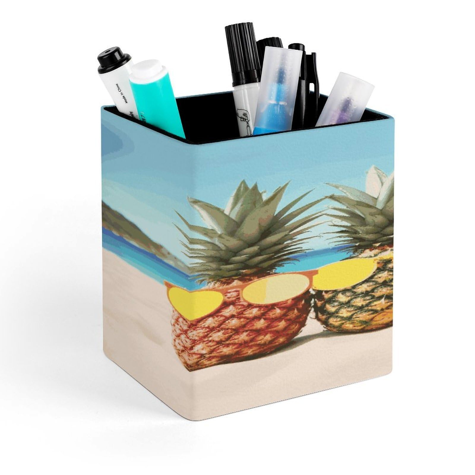 MUSM Seaside Beach Yellow Geometric Pineapple Pen Holder Square PU Leather Desktop Organizer And Makeup Brush Holder Storage Box Modern Design Stationery Organizer for Office Desk Accessory