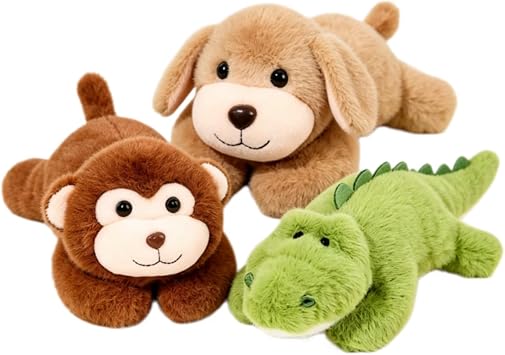 YUDONG 3PCS 7.8" Stuffed Animals Set, Plush Toys | Includes monkey, dinosaur & dog plushies. Soft weighted pillow toys for kids boys girls. Great reward gifts and room decor