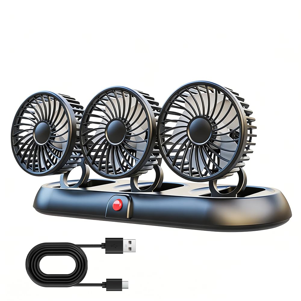 Ventilateur de voiture 12 V, ventilateur de voiture avec 3 vitesses, ventilateur de voiture portable rotatif à 360 °, ventilateur de voiture 12 V, ventilateur à trois têtes pour voitures, vans