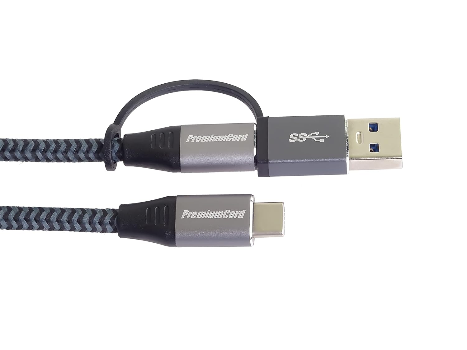 PremiumCord USB 3.2 Gen 2 Type-C Cable, Male to Male, Charging up to 5A, 100W, Super Speed 20 Gbps, Aluminium Connector Caps, Cotton Braid + Reduction USB-C/USB-A, Length 2 m, Black-Grey