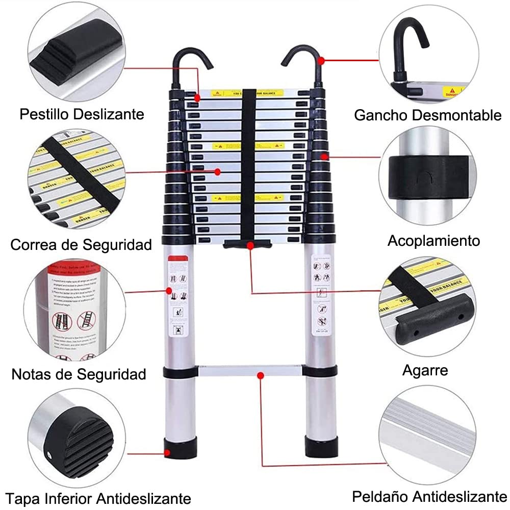 Escalera Telescópica de 6.2M, Escalera Plegable de Aluminio con 2 Ganchos, Extensibles Escalera Multifunción Portátil para Loft, Jardín, Capacidad Máxima 150 kg
