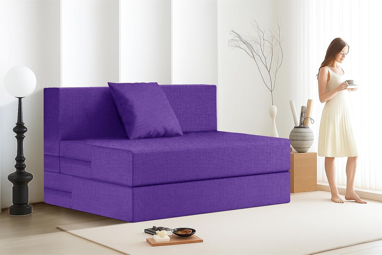 Rosebell 1-Person Jute Sofa Cum Bed – Purple | Compact & Lightweight | Removable Washable Cover + Cushion | 3x6 Ft Size | Great for Guests at Home or Office