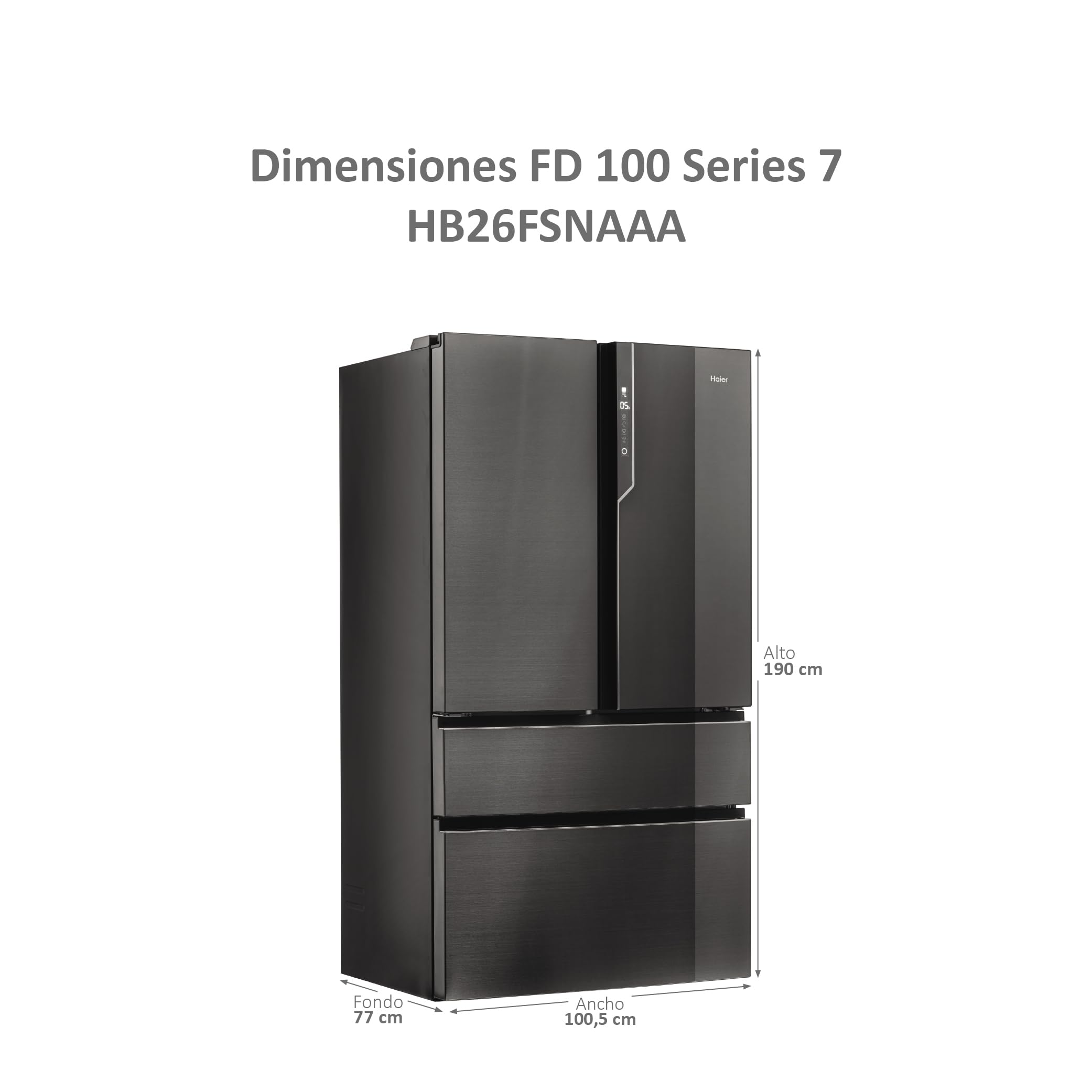 Haier FD 100 Series 7 HB26FSNAAA - Frigorífico, Puerta Francesa, Fabricación de Hielo Automática, Tecnología Antibacterias, Motor Inverter, Ancho 100cm, Capacidad XXL,Total No Frost, Titanium