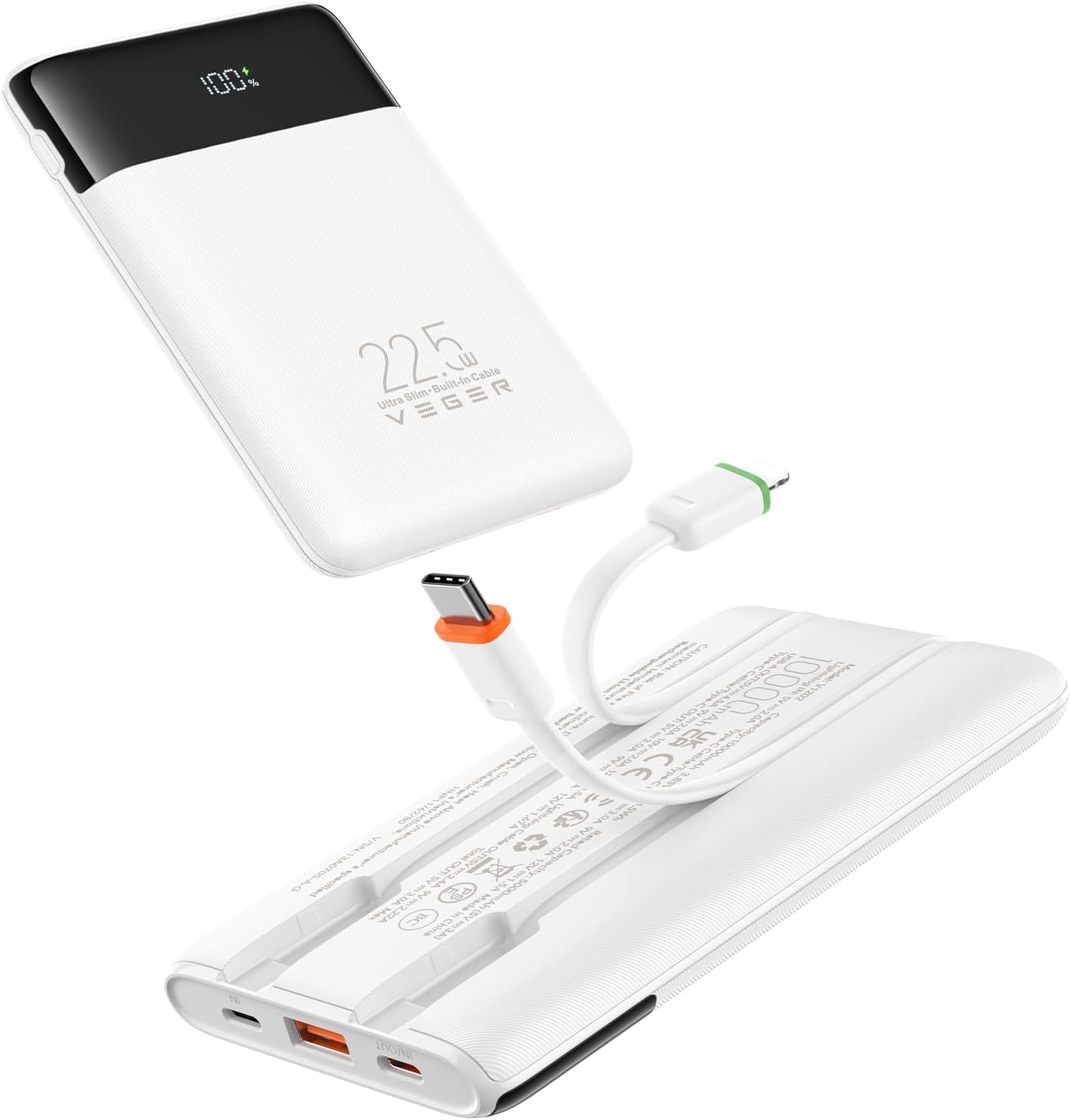 VEGER Portable Charger with Built in Cables, Slim 10000mAh PD 22.5W Fast Charging USB C Power Bank, 4 Outputs 3 Inputs Battery Pack Compatible with iPhone 16 15 14 13 Samsung iPad – Travel Essential