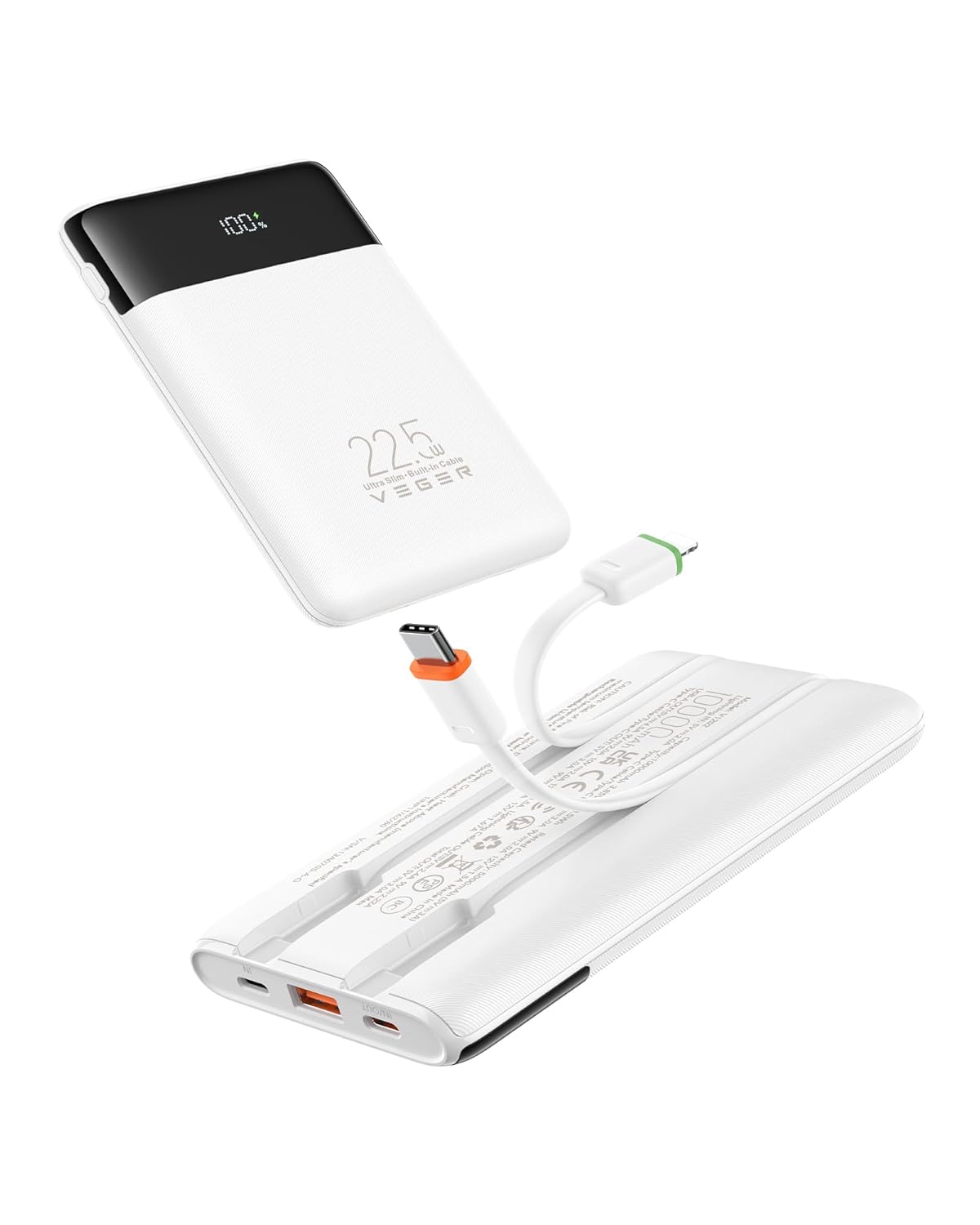 VEGER Portable Charger with Built in Cables Slim 10000mAh PD 22 5W Fast Charging USB C Power Bank