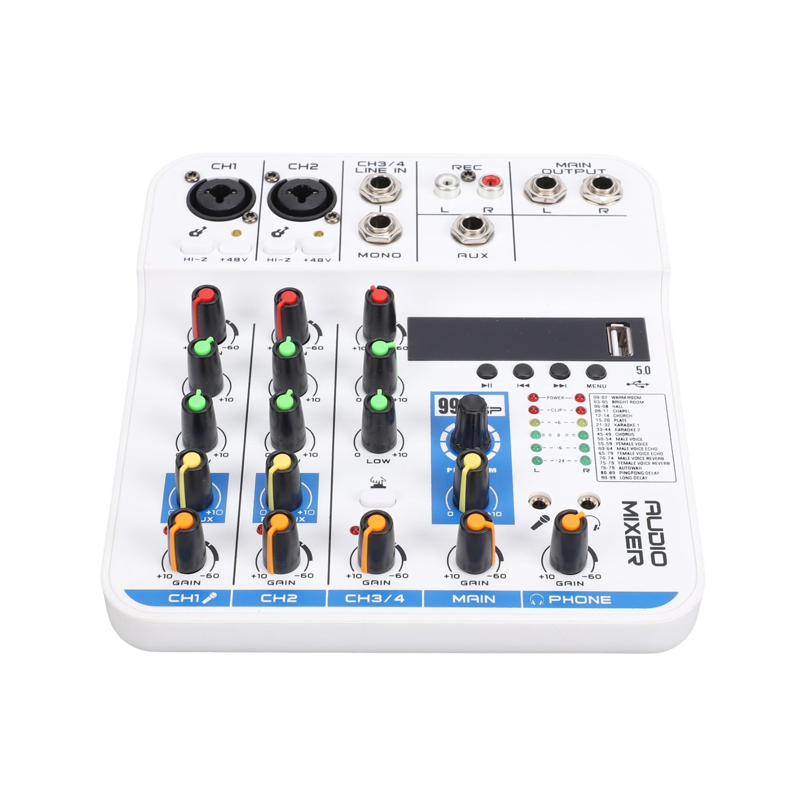 Asixxsix 4-kanałowy Mikser Audio, Cyfrowy Pogłos Bluetooth DSP, Płyta Dźwiękowa Miksera DJ z Wejściem USB MP3 XLR 6,35 Mm, 3,5 Mm i Zasilaniem Phantom 48 V, Płytka Miksera Dźwięku (WHITE)