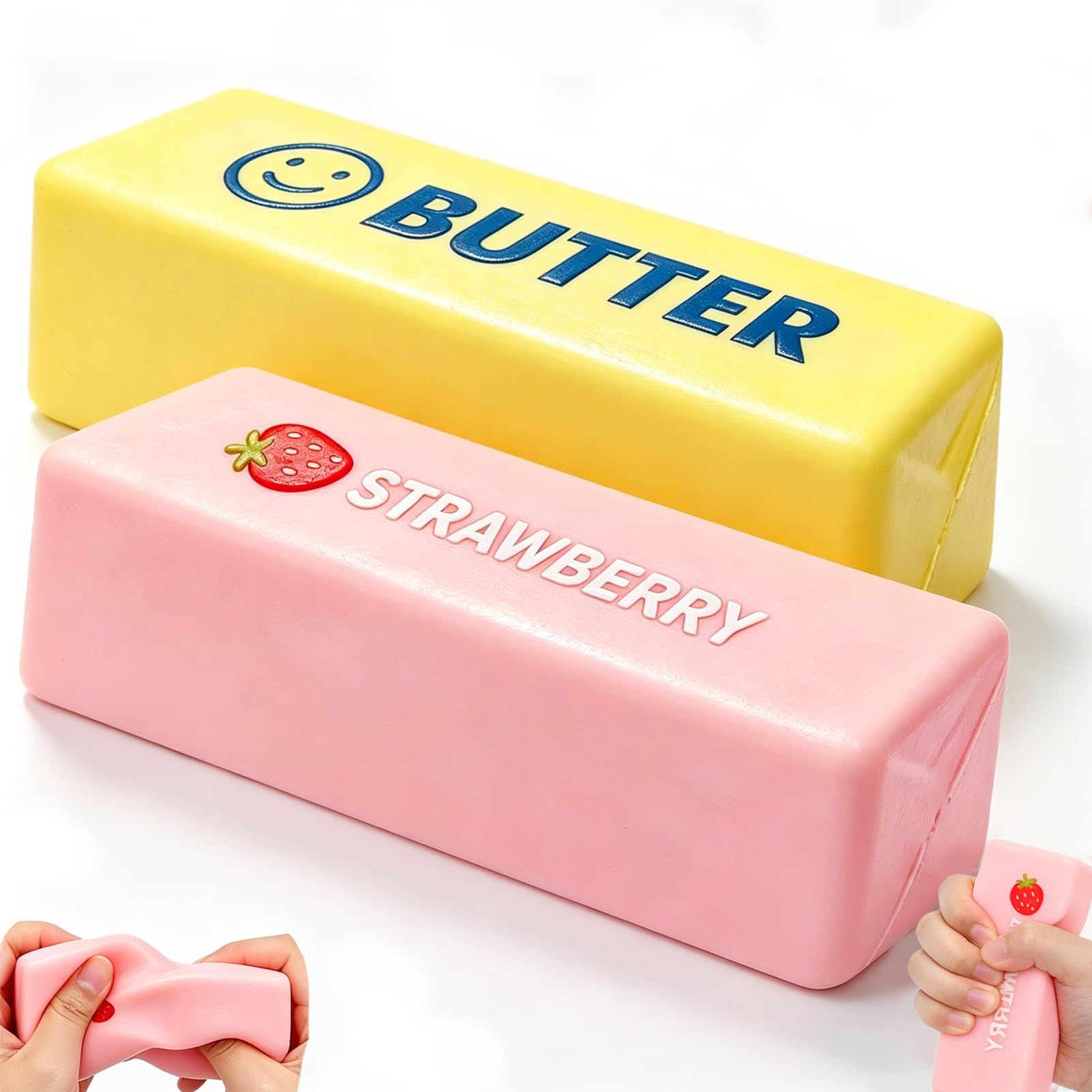 MUVZKQIAN 2 Pcs Butter Squishy Toy - Cute Butter Strawberry Squishy Style Squeeze Toy Stress Relief Sensory Toys for Party Bags Desk Gifts Kids Adults Office Home (pink&yellow-3)