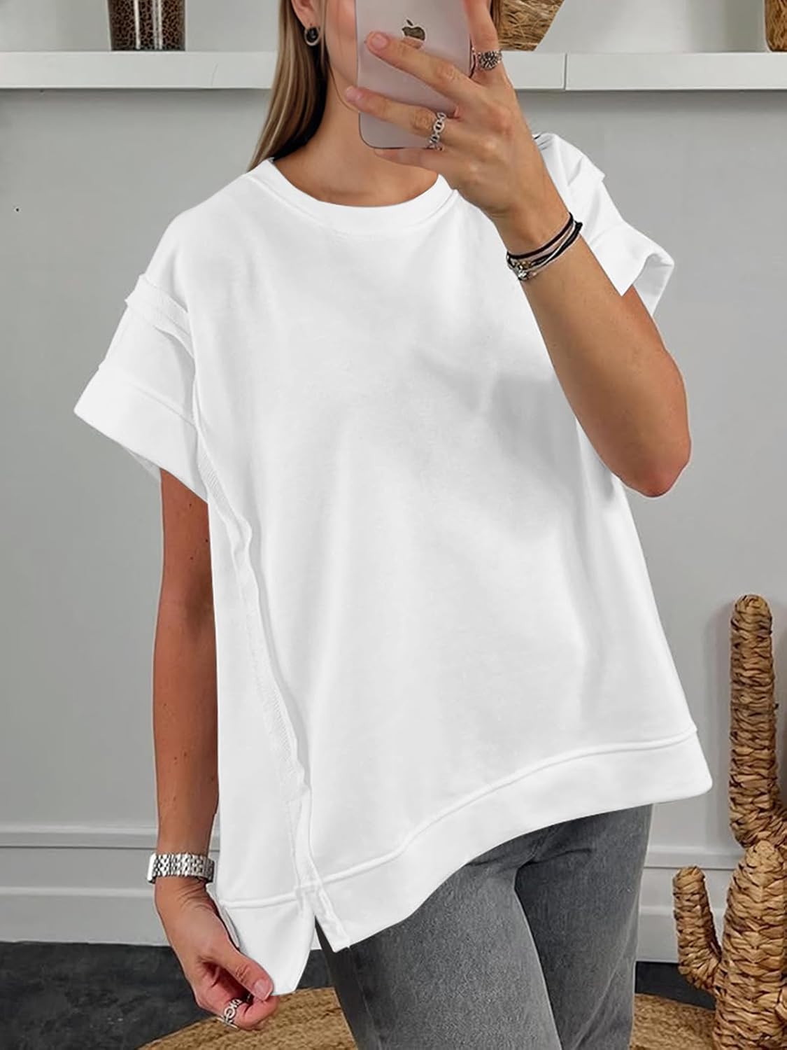 Tankaneo Womens Oversized Short Cap Sleeve T-Shirts Crew Neck Side Slit Tops Summer Casual Loose Fit Tees Tunic Shirts - Image 2