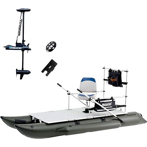 AQUOS Heavy-Duty for Two Series 12.5ft Inflatable Pontoon Boat with Folding Seat, Guard Bar and Haswing Trolling Motor for Saltwater, Freshwater Fishing