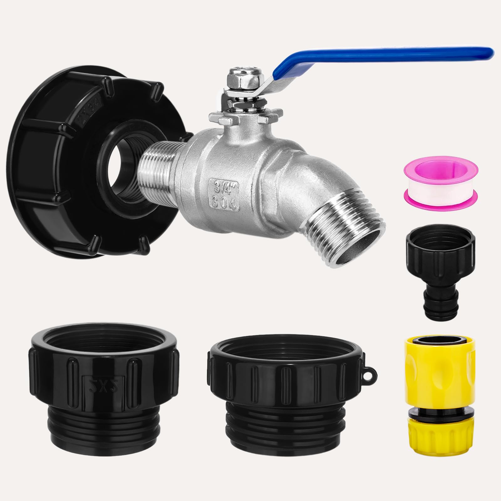 IBC Tote Adapter for 275–330 Gallon Tanks, IBC Tote Hose Adapter with 3/4" GHT Stainless Steel Valve, IBC Tank Fitting with 2.44" Fine, 2" Fine & 2"