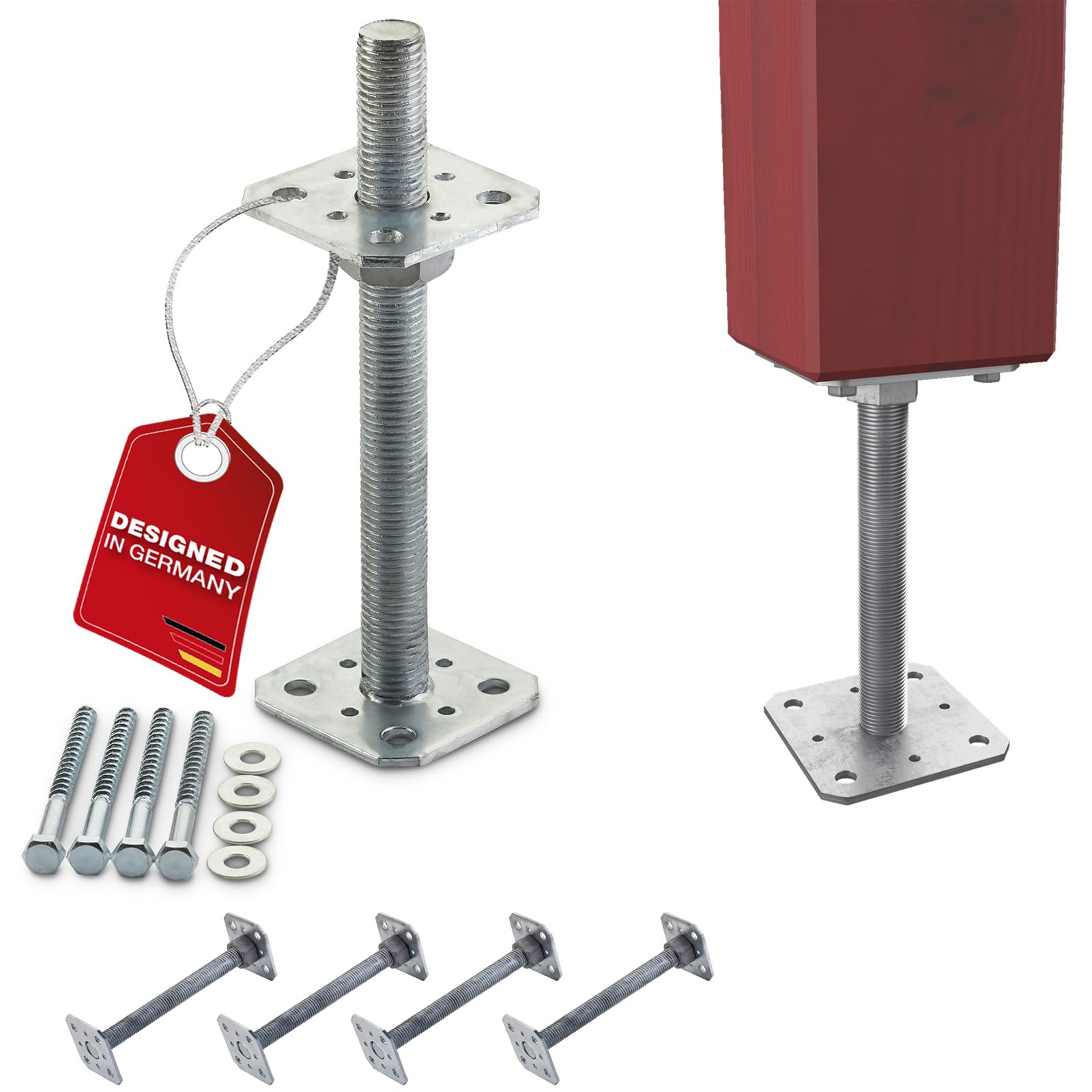 SOTECH set di 4 supporti per pali 80 x 80 x 250 mm filettatura M24 acciaio zincato a caldo supporto asta di supporto regolabile in altezza base del palo per avvitamento resistente alle intemperie