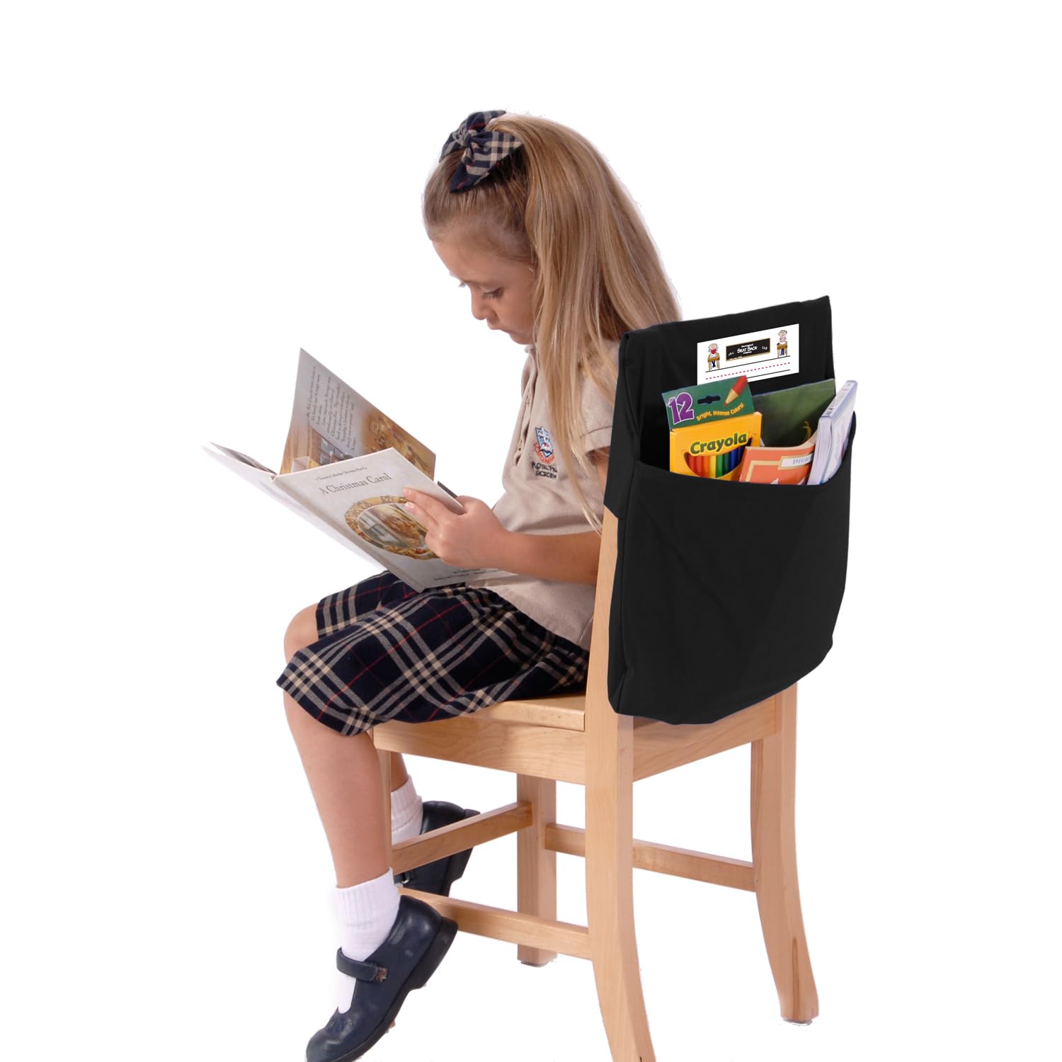 Seat Sack Student Chair Storage Pocket - 17", Single Pocket, Classroom Chair Organizer for Student Desks, Durable Over-the-Chair Storage, Ready-to-Use Name Tag Window, Black, 1-Pack