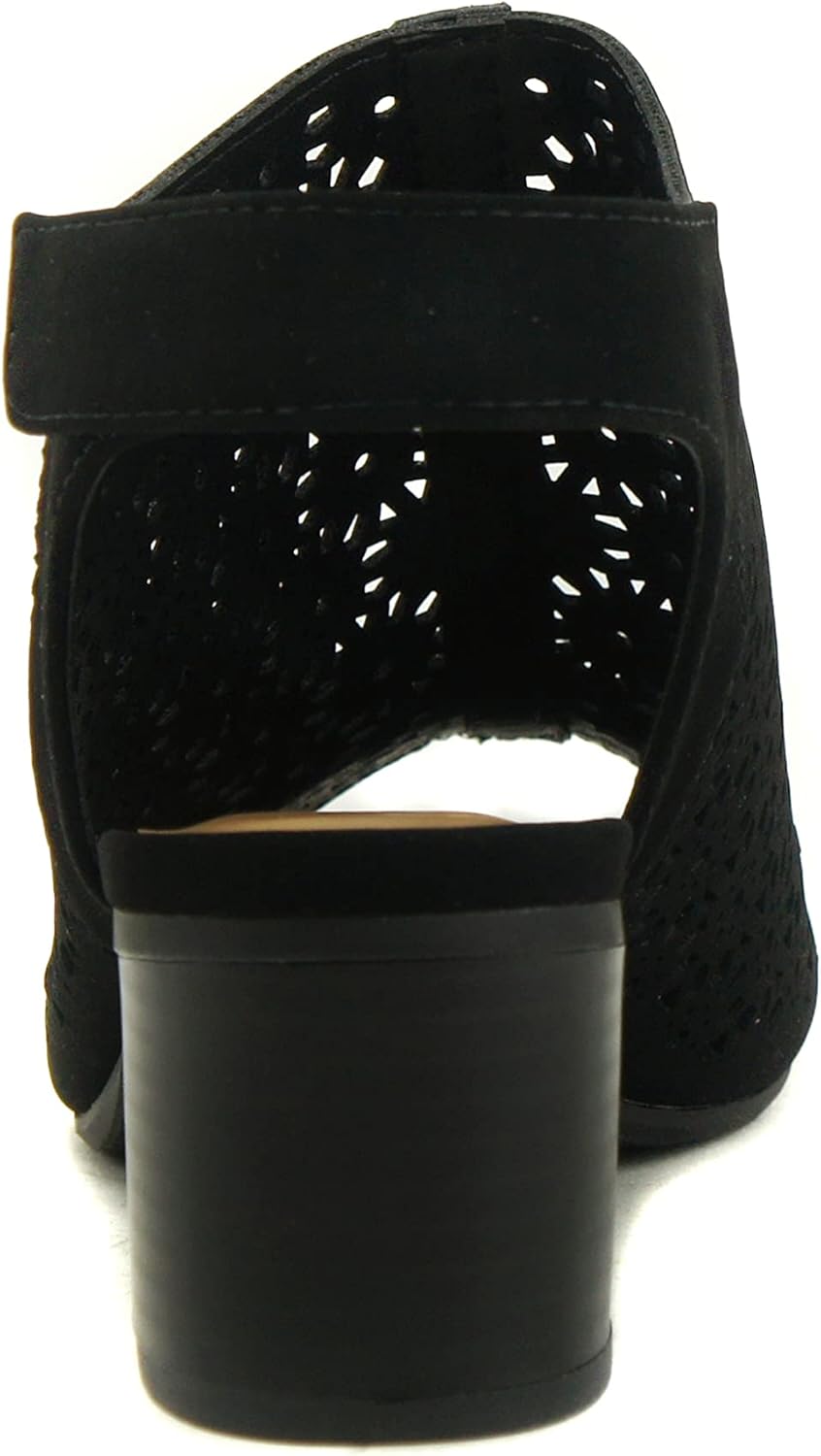 CITYCLASSIFIED “Elect” ~ Women’s Peep Toe Laser Cut Geometric Caged Slingback Ankle Strap Low Stacked Heel Ankle Bootie - Image 2