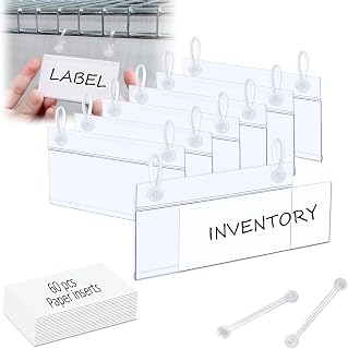 ChanQnTon Plastic Shelf Labels,3.94 * 1.57inch 60pcs Label Holders with 120pcs Snap Lock Hanging Loops and 60pcs Matched Paper Inserts for Wire Basket,Price Tags,Shelf Tags for Wire Shelving
