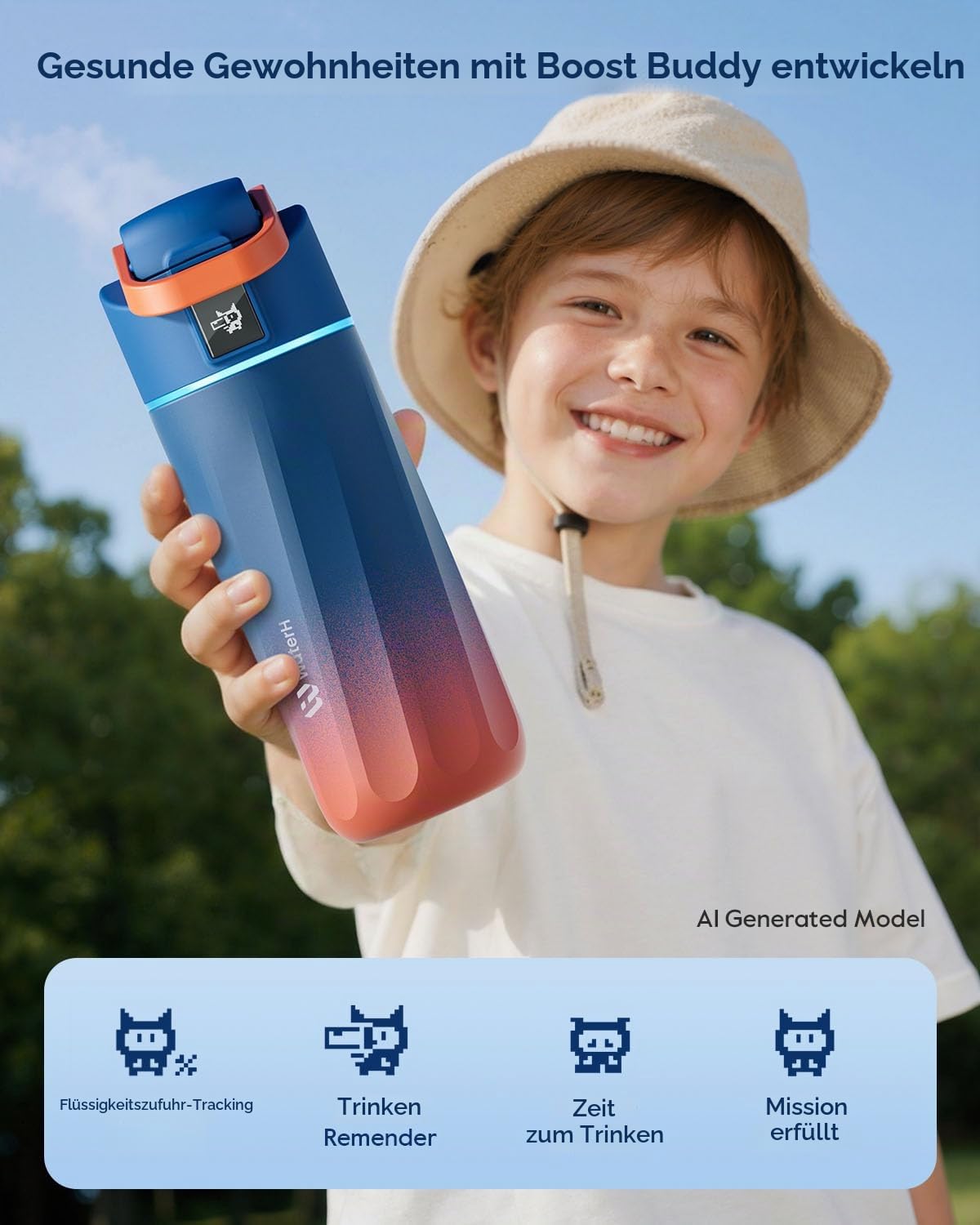 BOOST Intelligente Wasserflasche mit Erinnerungsfunktion & Tracker, 470 ml Trinkflasche für Kinder (Schule), DIY Kühlschrankmagnete, BPA-frei, vakuumisolierter Edelstahl, ideal für Reisen & Camping
