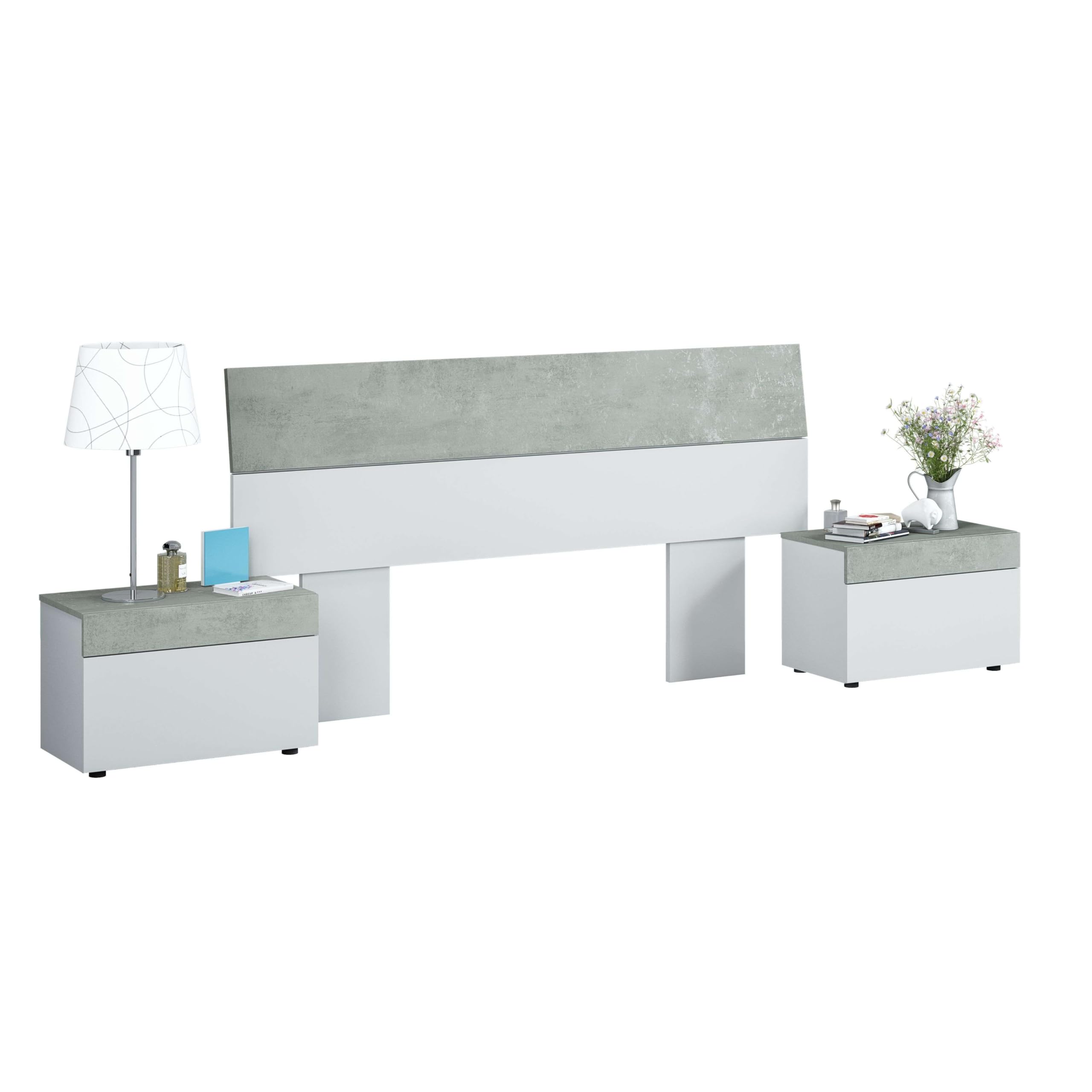 Habitdesign, modernes Kopfteil mit 2 Beistelltischen – Schlafzimmer-Set für Doppelbett in Artik weiß & Zementgrau, viel Stauraum, Maße: 298 x 96,5 x 40 cm (B x H x T), Modell Tekkan