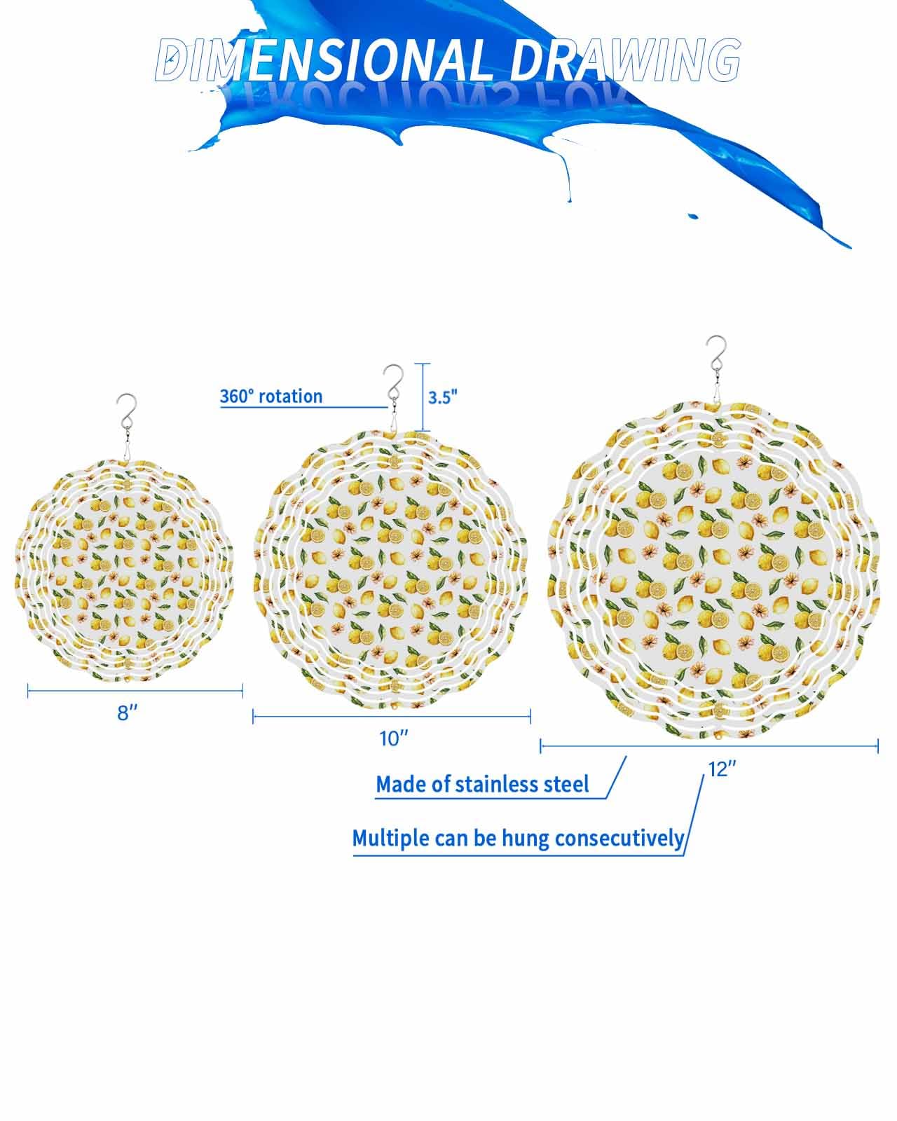 Lemon Wind Spinners, Summer Country Fruit White Hanging Wind Spinners for Yard and Garden 3D Stainless Steel Metal Sculptures Crafts Ornaments 8 Inch