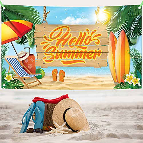 Image of KatchOn, Hello Summer Backdrop Banner 72x44 Inch - Tropical Beach Party Decorations, Pool Party Decorations, Hawaiian Luau Party Decorations, Summer Party Decorations, Summer Theme Party Decor